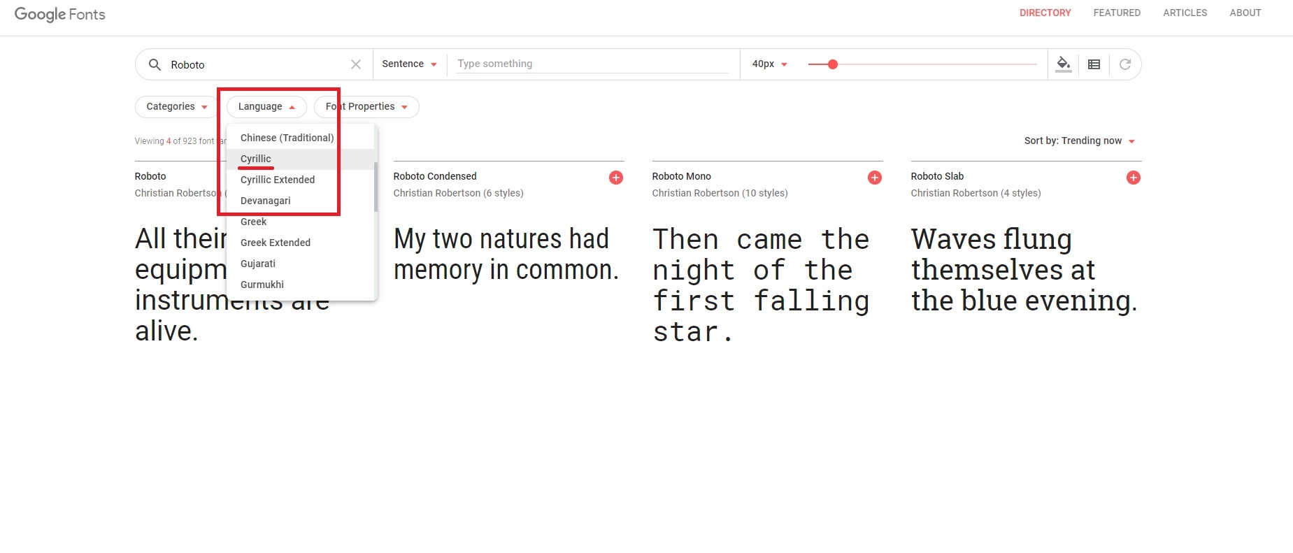 Языки для Google Fonts